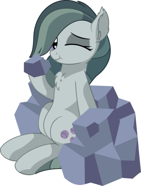 Size: 5668x7491 | Tagged: safe, artist:cyanlightning, derpibooru import, marble pie, earth pony, pony, .svg available, :t, absurd resolution, chest fluff, clothes, cute, ear fluff, ear tufts, eating, eyeshadow, female, hoof hold, looking at you, makeup, marblebetes, mare, one eye closed, pica, rock, simple background, sitting, smiling, solo, transparent background, vector, wink