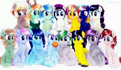 Size: 4003x2322 | Tagged: safe, artist:liaaqila, derpibooru import, oc, oc:centreus feathers, oc:chilly willy, oc:cinderheart, oc:cirrus updraft, oc:cottonwood kindle, oc:midnight blossom, oc:mobian, oc:reia hope, oc:rory gigabyte, oc:sea fluff, oc:sunnie bun, oc:sweet mocha, oc:varah bubble, oc:windy whirls, oc:withania nightshade, unofficial characters only, bat pony, deer, deer pony, earth pony, original species, pegasus, plant pony, pony, unicorn, :i, :p, adorafatty, beanie, belly, belly button, c:, cheek fluff, chest fluff, chubby, chubby cheeks, clothes, colored pupils, cute, ear fluff, eating, fat, feather, feather in hair, female, fluffy, food, freckles, glasses, grin, group photo, hat, high res, hoof fluff, hoof hold, hoof on shoulder, hug, leg fluff, licking, looking at you, male, mare, messy eating, milkshake, neck fluff, ocbetes, one eye closed, open mouth, pancakes, plant, pregnant, puffy cheeks, raised eyebrow, scarf, simple background, smiling, smirk, squee, stallion, tongue out, traditional art, underhoof, unshorn fetlocks, wall of tags, white background, wing fluff, wink