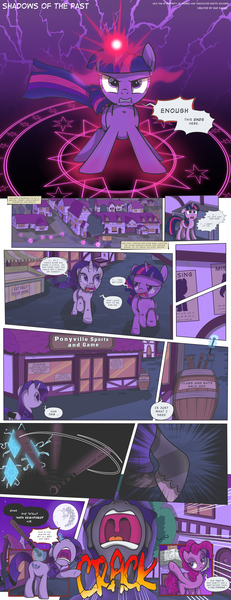 Size: 2250x5837 | Tagged: suggestive, artist:perfectblue97, derpibooru import, pinkie pie, rarity, twilight sparkle, ponified, earth pony, pony, unicorn, comic:shadows of the past, baseball bat, broderbund, carmen sandiego, cloak, clothes, comic, glowing horn, horn, magic, paranoia agent, ponyville, sombra eyes, telekinesis, unicorn twilight