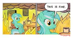 Size: 480x256 | Tagged: artist:torpy-ponius, derpibooru import, fire, lyra heartstrings, meme, safe, sitting, sitting lyra, text, this is fine