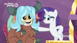 Size: 1366x768 | Tagged: safe, derpibooru import, screencap, rarity, yona, pony, unicorn, yak, she's all yak, beautiful, bipedal, blue hair, bow, cloven hooves, cute, discovery family logo, duo, eyeshadow, female, fit right in, frown, hair bow, hoof on hip, horns, lidded eyes, makeup, mare, mentor and protege, monkey swings, raised eyebrow, singing, sitting, teenager, waiting, wig