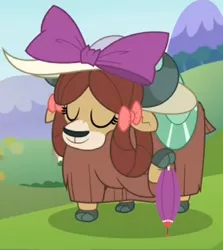 Size: 684x768 | Tagged: bow, cloven hooves, cropped, cute, derpibooru import, female, hair bow, hat, monkey swings, safe, screencap, she's all yak, solo, sophisticated as hell, umbrella, yak, yona, yonadorable
