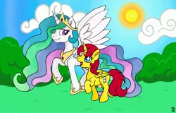 Size: 3000x1920 | Tagged: safe, artist:dawn-designs-art, derpibooru import, princess celestia, oc, oc:spheres, alicorn, pony, alicon, alicon mascot, alicorn oc, blue eyes, chatting, convention:alicon, digital art, horn, red mane, walking, wings, yellow coat