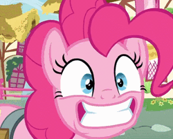 Size: 483x388 | Tagged: safe, derpibooru import, screencap, pinkie pie, earth pony, pony, secrets and pies, animated, close-up, crazy face, cropped, faic, female, floppy ears, gif, gritted teeth, mare, solo, underbite