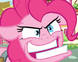 Size: 483x388 | Tagged: safe, derpibooru import, edit, screencap, pinkie pie, earth pony, pony, secrets and pies, animated, chomp, close-up, crazy face, cropped, faic, female, floppy ears, gif, gritted teeth, mare, solo, underbite