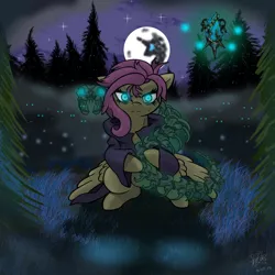 Size: 2000x2000 | Tagged: safe, artist:devorierdeos, derpibooru import, fluttershy, pegasus, pony, snake, alternate universe, bone, clothes, everfree forest, full moon, glowing eyes, hoodie, levitation, looking at you, magic, mare in the moon, moon, night, skeleton, stars, telekinesis, tree