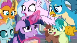 Size: 1280x720 | Tagged: safe, derpibooru import, screencap, gallus, ocellus, sandbar, silverstream, smolder, twilight sparkle, twilight sparkle (alicorn), yona, alicorn, changedling, changeling, classical hippogriff, dragon, earth pony, gryphon, hippogriff, pony, yak, she's all yak, animated, bow, cloven hooves, colored hooves, cute, diaocelles, diastreamies, dragoness, female, floppy ears, flying, friendship student, gallabetes, gif, glowing horn, hair bow, horn, jewelry, levitation, magic, male, mare, monkey swings, necklace, poster, sandabetes, school of friendship, smolderbetes, student six, teenager, telekinesis, yonadorable