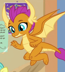 Size: 474x526 | Tagged: animated, animation error, claws, clipboard, cropped, cute, derpibooru import, dragon, dragoness, fangs, female, flapping, flying, gif, horns, raised eyebrow, safe, screencap, she's all yak, smiling, smolder, smolderbetes, spread wings, thumbs up, toes, wings