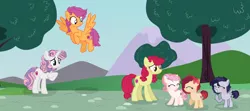 Size: 3280x1452 | Tagged: safe, artist:spectrumnightyt, derpibooru import, apple bloom, scootaloo, sweetie belle, oc, oc:apple dance, oc:beauty spirit, oc:speed stroke, earth pony, pegasus, pony, unicorn, bandaid, base used, cutie mark crusaders, female, filly, flying, high res, offspring, older, parent:apple bloom, parent:button mash, parent:rumble, parent:scootaloo, parent:sweetie belle, parent:tender taps, parents:rumbloo, parents:sweetiemash, parents:tenderbloom, scootaloo can fly