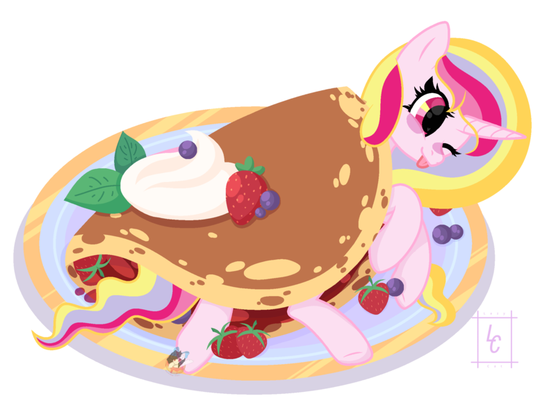 Size: 2280x1652 | Tagged: alicorn, alicorn oc, artist:favnhellef, berries, berry horse, commission, derpibooru import, food, horn, oc, oc:aurelia charm, one eye closed, pancakes, safe, unofficial characters only, whipped cream, wings, wink, ych result