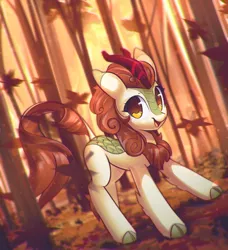 Size: 2523x2762 | Tagged: artist:mirroredsea, autumn, autumn blaze, awwtumn blaze, cloven hooves, cute, derpibooru import, female, forest, kirin, leaves, leonine tail, safe, solo, sounds of silence, tree