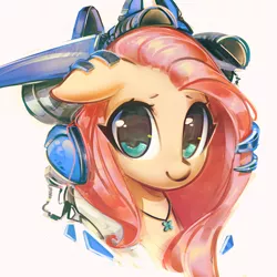 Size: 2523x2523 | Tagged: safe, artist:mirroredsea, derpibooru import, fluttershy, pony, cute, female, headphones, jewelry, looking at you, mare, mecha, necklace, shyabetes, simple background, smiling, solo, white background