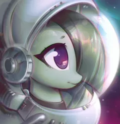 Size: 2907x3002 | Tagged: safe, artist:mirroredsea, derpibooru import, marble pie, earth pony, pony, astronaut, colored pupils, cute, female, frown, hair over one eye, helmet, looking at something, marblebetes, mare, solo, space, space helmet, spacesuit