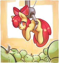 Size: 2600x2765 | Tagged: safe, artist:mirroredsea, derpibooru import, apple bloom, earth pony, pony, :o, adorabloom, apple, blank flank, bow, c:, claw machine, confused, crane game, cute, event horizon of cuteness, female, filly, food, green apple, hair bow, holding a pony, looking down, no pupils, open mouth, smiling, solo