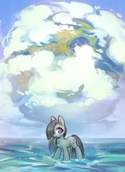 Size: 2194x3020 | Tagged: safe, artist:mirroredsea, derpibooru import, marble pie, earth pony, pony, cloud, cute, earth, female, image, jewelry, marblebetes, mare, necklace, ocean, pendant, planet, png, smiling, solo, standing in water, water