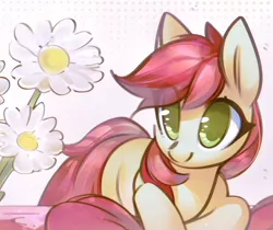 Size: 3000x2522 | Tagged: safe, artist:mirroredsea, derpibooru import, roseluck, earth pony, pony, cute, cuteluck, eye clipping through hair, female, flower, mare, missing cutie mark, no pupils, solo