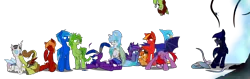 Size: 3844x1221 | Tagged: safe, artist:flylash6009, derpibooru import, oc, oc:carapace, oc:fury flora, oc:gnash, oc:graupel, oc:gust, oc:honeycomb, oc:hot spice, oc:keen eye, oc:low pitch, oc:nightflower, oc:pairie, oc:silver key, oc:slingshot, unofficial characters only, ambiguous species, bat pony, changeling, earth pony, gryphon, insect, pegasus, pony, unicorn, wasp, albino changeling, artificial alicorn, bat pony oc, bat wings, bloodshot eyes, boop, broken wing, changeling oc, chuckle, dried blood, earth pony oc, griffon oc, horn, music player, pegasus oc, portal, sharing, space bridge, tentacles, unicorn oc, upside down, wings