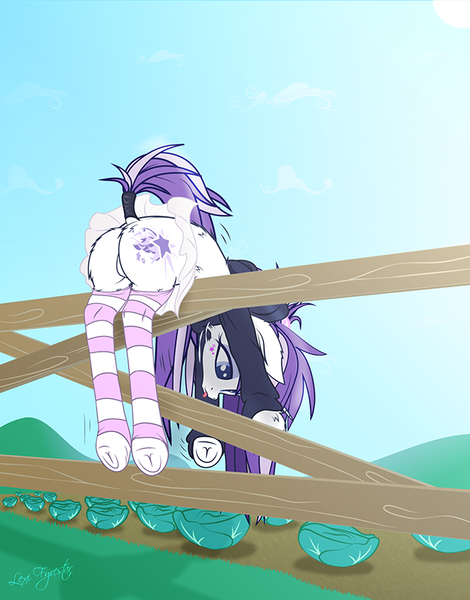 Size: 627x800 | Tagged: suggestive, artist:lexifyrestar, derpibooru import, oc, oc:lexi fyrestar, unofficial characters only, unicorn, cabbage, clothes, female, fence, food, hoodie, mare, miniskirt, silly, skirt, skirt lift, socks, solo, striped socks, tail wrap, thigh highs