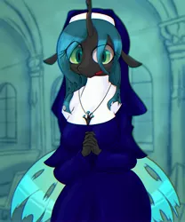 Size: 3413x4096 | Tagged: anthro, artist:zemlya, changeling, derpibooru import, female, jewelry, looking at you, necklace, nun, queen chrysalis, safe, solo