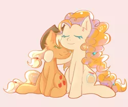 Size: 1200x1000 | Tagged: safe, artist:whiskyice, derpibooru import, applejack, pear butter, earth pony, pony, eyes closed, female, mare, mother and child, mother and daughter, orange background, simple background