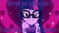 Size: 800x450 | Tagged: suggestive, derpibooru import, edit, edited screencap, screencap, sci-twi, twilight sparkle, equestria girls, equestria girls series, i'm on a yacht, spoiler:eqg series (season 2), bedroom eyes, caption, close-up, clothes, dress, glasses, image macro, implied blowjob, implied oral, implied sex, looking at you, ponytail, sexy, solo, text