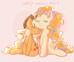 Size: 1200x1000 | Tagged: safe, alternate version, artist:whiskyice, derpibooru import, applejack, pear butter, earth pony, pony, cowboy hat, duo, eyes closed, female, hat, mare, mother and child, mother and daughter, mother's day, orange background, simple background