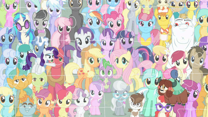 Size: 1920x1080 | Tagged: safe, derpibooru import, screencap, aloe, amethyst star, apple bloom, applejack, berry punch, berryshine, big macintosh, bon bon, bulk biceps, carrot cake, carrot top, cheerilee, cherry berry, cloudchaser, cup cake, daisy, derpy hooves, diamond tiara, doctor whooves, flitter, flower wishes, fluttershy, golden harvest, granny smith, lemon hearts, lily, lily valley, linky, lotus blossom, lyra heartstrings, mayor mare, minuette, octavia melody, pinkie pie, pipsqueak, pokey pierce, pound cake, pumpkin cake, rainbow dash, rarity, roseluck, sassaflash, scootaloo, sea swirl, seafoam, shoeshine, silver spoon, snails, snips, spike, spring melody, sprinkle medley, starlight glimmer, sunshower raindrops, sweetie belle, sweetie drops, thunderlane, time turner, twilight sparkle, twilight sparkle (alicorn), twinkleshine, twist, vinyl scratch, yona, alicorn, earth pony, pony, she's all yak, the cutie re-mark, animated, animation error, colt, comparison, cutie mark crusaders, everypony at s5's finale, gif, male, spa twins, wall of tags