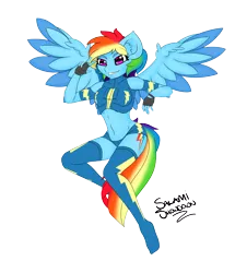 Size: 3302x3659 | Tagged: anthro, artist:salamishowdown, belly button, clothes, derpibooru import, female, fingerless gloves, gloves, midriff, pegasus, plantigrade anthro, rainbow dash, safe, shorts, simple background, solo, uniform, wonderbolts, wonderbolts uniform