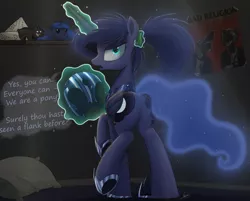 Size: 2000x1604 | Tagged: safe, alternate version, artist:ncmares, derpibooru import, princess luna, alicorn, pony, ask majesty incarnate, alternate hairstyle, armor, bad religion, blob ponies, butt, cartographer's cap, cute, dialogue, female, hat, looking at you, looking back, looking back at you, magic, mare, moonbutt, ncmares is trying to murder us, nightmare moon armor, open mouth, pillow, plot, ponytail, skippy, skippy the moonrock, solo, too many ponies