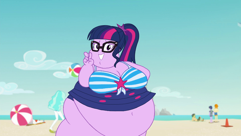 Size: 1024x576 | Tagged: suggestive, artist:jamesawilliams1996, derpibooru import, edit, edited screencap, screencap, sci-twi, twilight sparkle, series:twilight and pinkie's weight problems, equestria girls, equestria girls series, forgotten friendship, bbw, beach, belly, belly button, big belly, big breasts, bow swimsuit, breasts, busty twilight sparkle, chubby cheeks, chubby twilight, clothes, double chin, fat, fat edit, glasses, huge belly, morbidly obese, obese, overweight, peace sign, sci-twilard, ssbbw, story included, striped swimsuit, swimsuit, twilard sparkle, worried