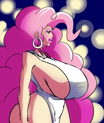 Size: 1265x1500 | Tagged: abstract background, artist:annon, ass, big breasts, big hair, bimbo, bimbo pie, blushing, breasts, busty pinkie pie, butt, derpibooru import, ear piercing, earring, eyeshadow, female, huge breasts, human, humanized, impossibly large breasts, jewelry, lipstick, makeup, piercing, pink eyeshadow, pinkie pie, pink lipstick, sideboob, side view, solo, solo female, suggestive, wide hips