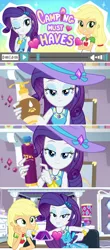 Size: 910x2069 | Tagged: suggestive, derpibooru import, edit, edited screencap, screencap, applejack, rarity, camping must-haves, equestria girls, equestria girls series, spoiler:eqg series (season 2), bedroom, bedroom eyes, best friends, bottle, emoticon, exclamation point, female, floating heart, geode of shielding, geode of super strength, hat, heart, implied lesbian, implied sex, implying, lesbian, lidded eyes, lip bite, lotion, magical geodes, out of context, rarijack, rarity's bedroom, shipping, shipping fuel, stare, tent