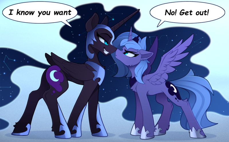 Size: 2500x1555 | Tagged: safe, artist:yakovlev-vad, derpibooru import, nightmare moon, princess luna, alicorn, pony, :<, angry, blue background, boop, broken english, cheek fluff, chest fluff, constellation, crown, cute, duality, ear fluff, engrish, ethereal mane, eye contact, female, floppy ears, frown, glare, gradient background, grin, grumpy, helmet, hoof fluff, jewelry, leg fluff, lidded eyes, looking at each other, lunabetes, mare, nose wrinkle, noseboop, pouting, regalia, s1 luna, scrunchy face, self ponidox, simple background, smiling, smirk, smug, spread wings, starry mane, temptation, wing fluff, wings