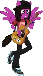 Size: 1597x2817 | Tagged: safe, artist:lightningbolt, derpibooru import, human, equestria girls, .svg available, acoustic guitar, backwards ballcap, baseball cap, bracelet, cap, clothes, equestria girls-ified, flying, grin, guitar, guitar pick, guitar strap, hat, humanized, jewelry, male, musical instrument, nose piercing, pants, pierce the veil, piercing, ponied up, pony ears, shirt, shoes, simple background, smiling, solo, svg, t-shirt, tailed humanization, transparent background, vector, vic fuentes, watch, wings, wristband