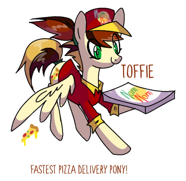 Size: 670x652 | Tagged: safe, artist:anyazenadopts, derpibooru import, oc, oc:toffie, unofficial characters only, pegasus, pony, baseball cap, cap, clothes, fast food, female, flying, food, hat, mare, meat, pepperoni, pepperoni pizza, pizza, pizza box, pizza delivery, ponytail, shirt, simple background, solo, transparent background, uniform