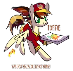 Size: 670x652 | Tagged: safe, artist:anyazenadopts, derpibooru import, oc, oc:toffie, unofficial characters only, pegasus, pony, baseball cap, cap, clothes, fast food, female, flying, food, hat, mare, meat, pepperoni, pepperoni pizza, pizza, pizza box, pizza delivery, ponytail, shirt, simple background, solo, transparent background, uniform