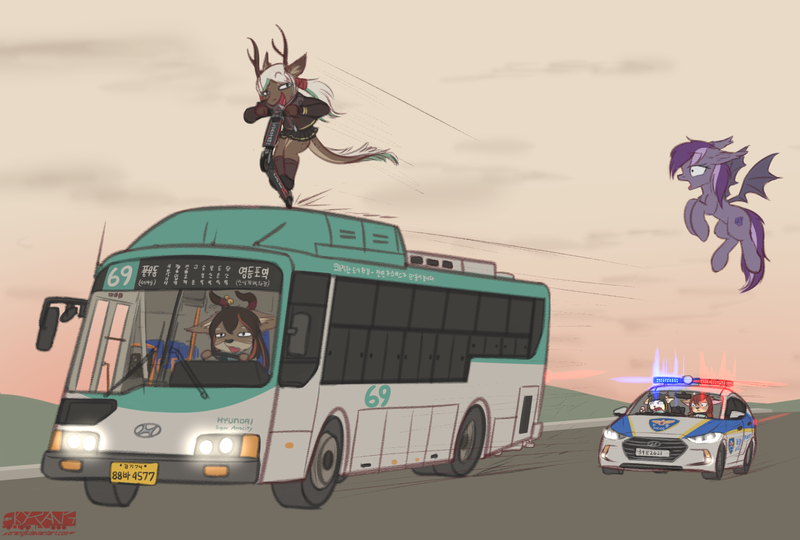 Size: 1726x1166 | Tagged: safe, artist:orang111, derpibooru import, oc, oc:lynn, oc:violet rose, bat pony, dragon, bus, hyundai, korean, non-mlp oc, police, police car, pursuit, scooter