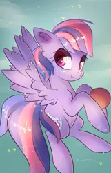 Size: 1142x1768 | Tagged: safe, artist:autumnvoyage, derpibooru import, wind sprint, pegasus, pony, common ground, :t, ball, buckball, cute, ear fluff, female, filly, flying, smiling, solo, spread wings, sprintabetes, wing fluff, wings