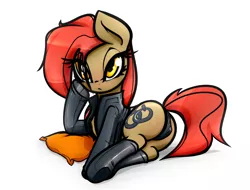 Size: 1976x1502 | Tagged: suggestive, artist:jetwave, derpibooru import, oc, oc:dala vault, pony, butt, chest fluff, clothes, female, jacket, latex, latex socks, leather jacket, panties, pillow, plot, socks, solo, solo female, underwear