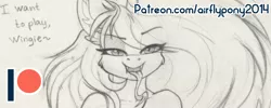 Size: 988x396 | Tagged: safe, artist:airfly-pony, derpibooru import, oc, oc:miranda, pony, advertisement, looking at you, patreon, patreon exclusive ad, patreon link, patreon logo, patreon preview, paywall content, rcf community, smiling, solo, traditional art