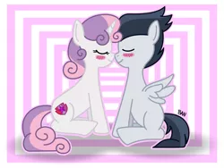 Size: 2969x2227 | Tagged: safe, artist:banquo0, derpibooru import, rumble, sweetie belle, pegasus, pony, unicorn, abstract background, colt, cute, cutie mark, female, filly, male, nuzzling, rumbelle, shipping, straight, the cmc's cutie marks