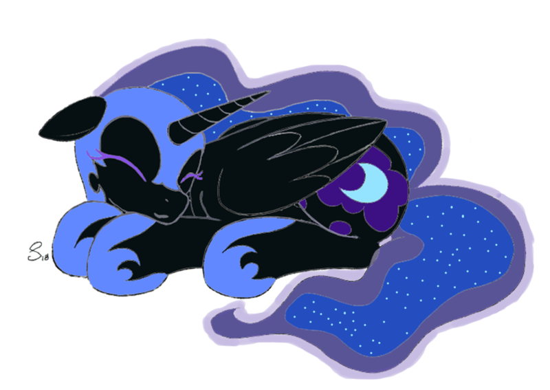 Size: 2122x1503 | Tagged: safe, artist:selenophile, color edit, colorist:childofthenight, derpibooru import, edit, editor:childofthenight, nightmare moon, alicorn, pony, colored, cute, eyes closed, female, floppy ears, lying down, mare, nicemare moon, simple background, sleeping, smiling, solo, transparent background