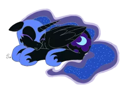 Size: 2122x1503 | Tagged: safe, artist:selenophile, color edit, colorist:childofthenight, derpibooru import, edit, editor:childofthenight, nightmare moon, alicorn, pony, colored, cute, eyes closed, female, floppy ears, lying down, mare, nicemare moon, simple background, sleeping, smiling, solo, transparent background