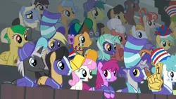Size: 1367x769 | Tagged: safe, derpibooru import, screencap, berry punch, berryshine, caramel, cherry cola, cherry fizzy, dark moon, derpy hooves, dusty swift, fat stacks, final countdown, frying pan (character), graphite, junebug, lyra heartstrings, orion, rainbow stars, shooting star (character), silver waves, sprout greenhoof, star bright, summit point, sunshower raindrops, team spirit, twinkleshine, wintergreen, pony, common ground, background pony, bleachers, buckball, face paint, fanponies, foam finger, hat, las pegasus resident, makeup, stadium