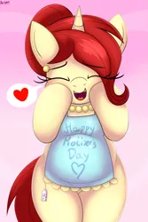 Size: 2442x3651 | Tagged: safe, artist:an-tonio, derpibooru import, oc, oc:golden brooch, unofficial characters only, pony, unicorn, apron, bipedal, clothes, cute, female, happy, housewife, mare, mother, mother's day, ocbetes, solo, squishy cheeks