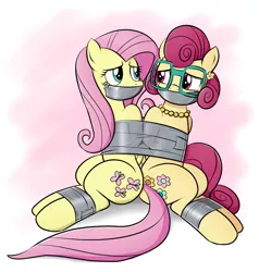 Size: 950x1000 | Tagged: suggestive, artist:nivek15, derpibooru import, fluttershy, posey shy, pegasus, pony, arm behind back, bondage, bound together, damsel in distress, duct tape, female, gag, glasses, incest, lesbian, looking at each other, mother and child, mother and daughter, tape, tape bondage, tape gag, tied up