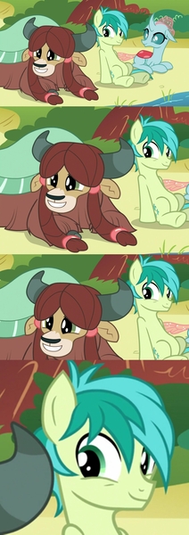 Size: 1024x2897 | Tagged: safe, derpibooru import, edit, screencap, ocellus, sandbar, yona, changedling, changeling, earth pony, pony, yak, school daze, cloven hooves, cute, diaocelles, faic, female, implied shipping, male, sandabetes, shipping fuel, teenager, tenso, trio, yonadorable