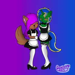 Size: 797x800 | Tagged: safe, artist:djwolf, derpibooru import, oc, oc:prince thunder spark, alicorn, anthro, wolf, alicorn oc, blushing, closed mouth, clothes, crossdressing, cute, eyes closed, french maid, hands behind back, high heels, horn, leggings, maid, male, shoes, wings