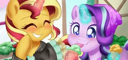 Size: 3172x1496 | Tagged: safe, artist:abbystarling, deleted from derpibooru, derpibooru import, starlight glimmer, sunset shimmer, ponified, pony, unicorn, equestria girls, mirror magic, spoiler:eqg specials, blushing, clothes, cute, duo, duo female, equestria girls ponified, eyes closed, female, food, glimmerbetes, happy, ice cream, licking, shimmerbetes, smiling, tongue out