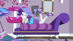 Size: 1920x1080 | Tagged: safe, derpibooru import, screencap, rarity, camping must-haves, equestria girls, equestria girls series, spoiler:eqg series (season 2), body pillow, cushion, pillow, rarity's bedroom, solo